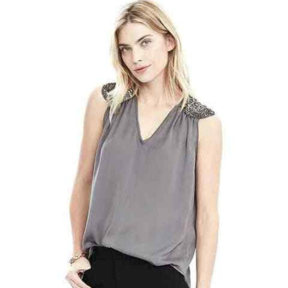 Banana Republic grey sleeveless v neck top, relaxed fit, embellished shoulders